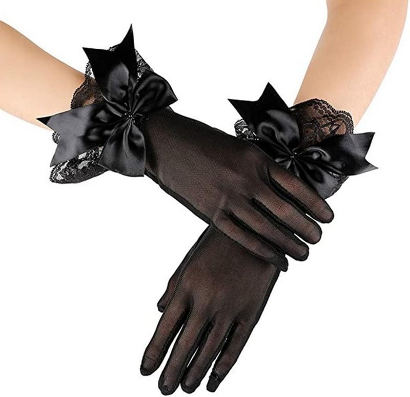 Amazleer Short Lace Mesh Gloves Tulle Border with Bow Wedding Funeral Opera Tea Party Gloves for Women - Image 1